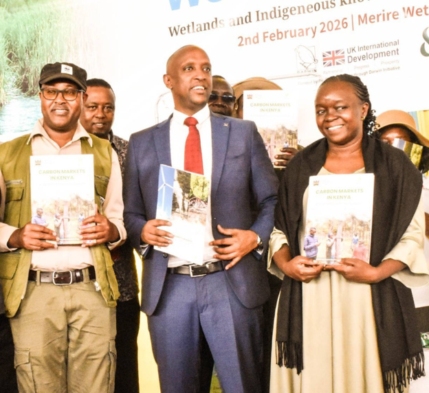 Governor Isiolo County, H.E Abdi Guyo (middle) with CS Deborah Barasa at the World Wetlands Day celebrations